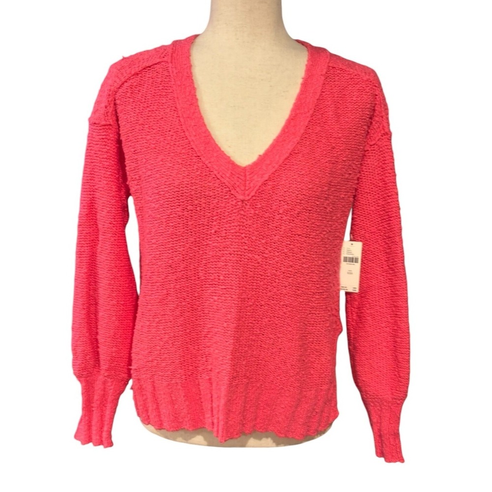 NEW‎ Anthropologie Pilcro Oversized Boxy V-Neck Textured Pink Sweater Size XXS